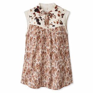 Sterling & Stitch Boho Ikat Tie-Neck Sleeveless Blouse Top Brown & Cream | Sz M
